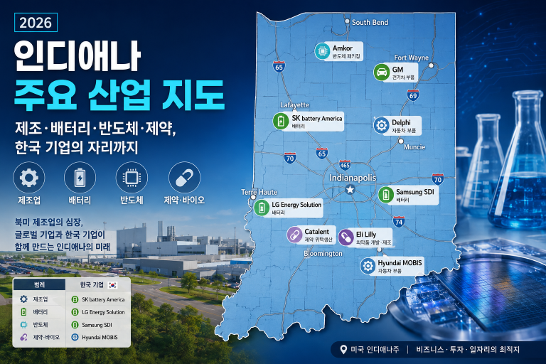 인디애나 주요 산업 지도 — 카멜·코코모·웨스트라피엣·레바논·워소 권역의 배터리·반도체·제약·물류 산업이 표시된 편집 일러스트