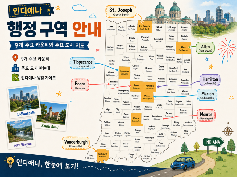 인디애나 행정 구역 안내 —  10개 주요 카운티와 주요 도시