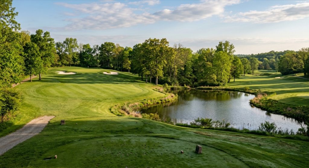 Bear Slide Golf Club 시그니처 9번 홀 도그렉 워터 해저드 시세로 인디애나 Bear Slide Golf Club Cicero Indiana signature hole 9