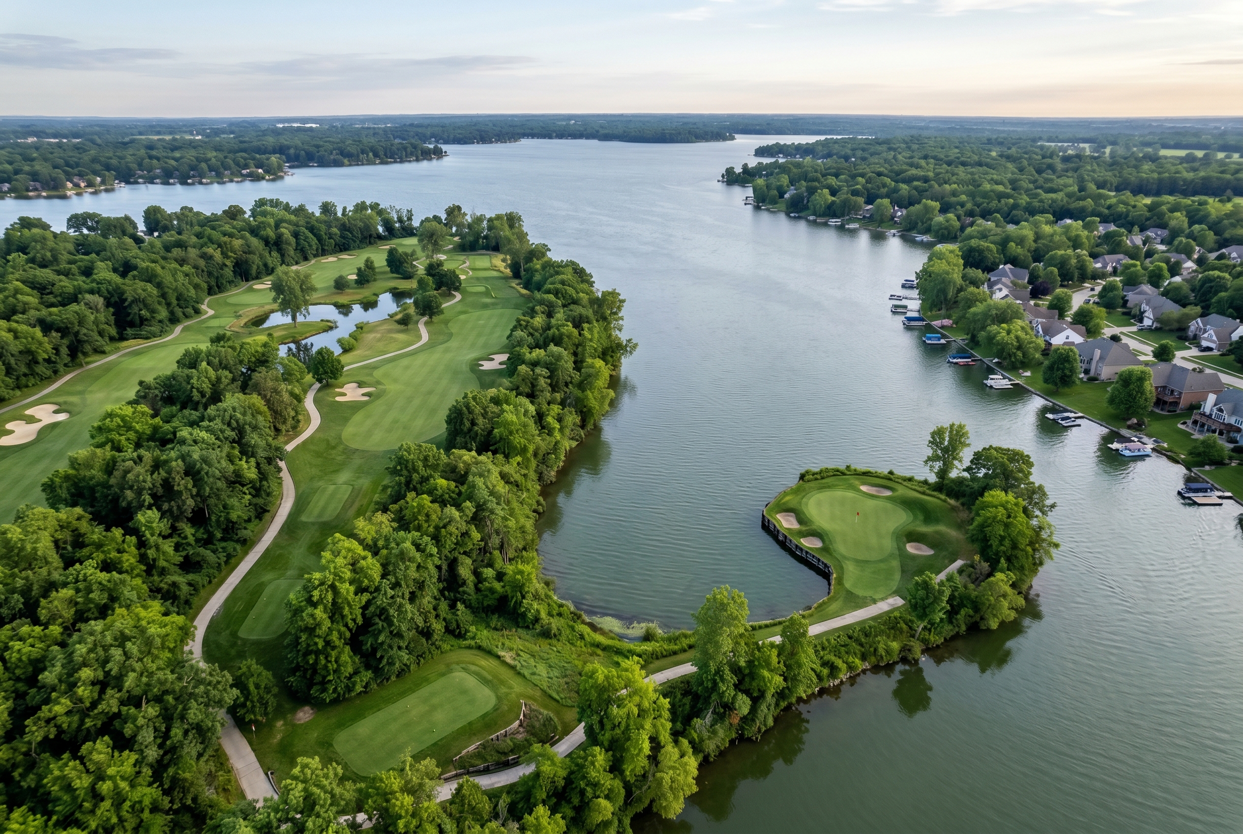 Harbour Trees 항공 뷰 Morse Reservoir 호수 노블스빌 인디애나 Pete Dye 18홀 코스