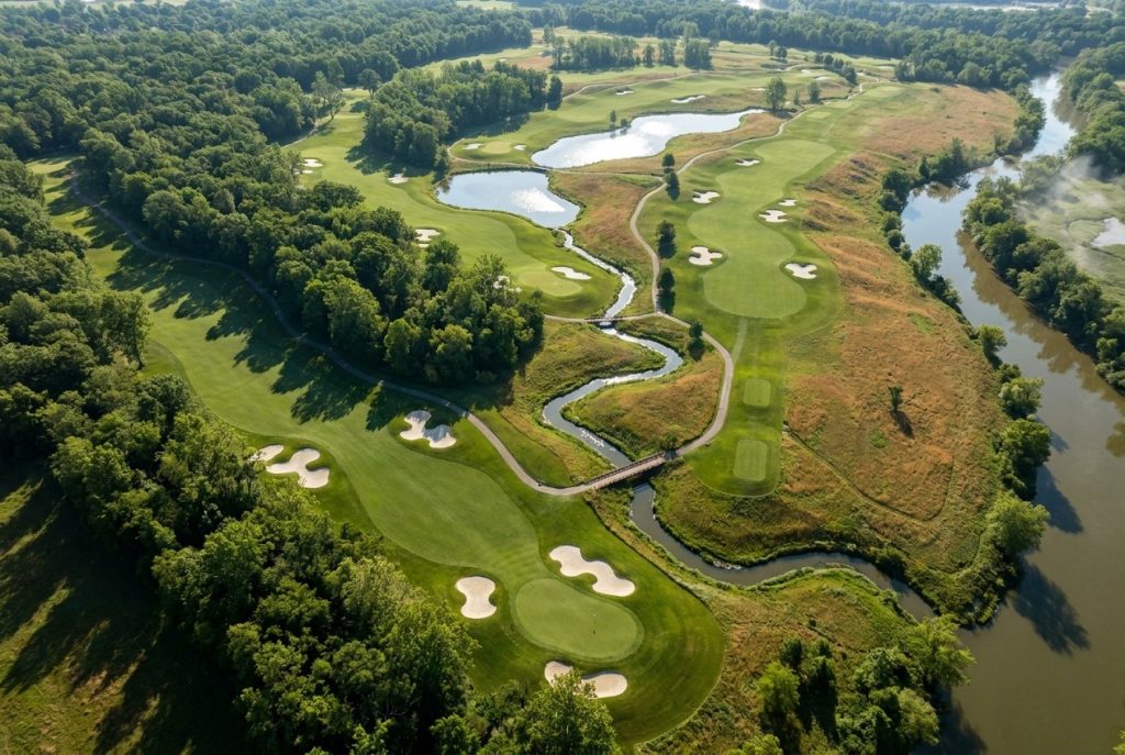 Prairie View Golf Club 항공 뷰 White River 강변 5개 호수 wetland 카멜 인디애나 RTJ Jr 설계