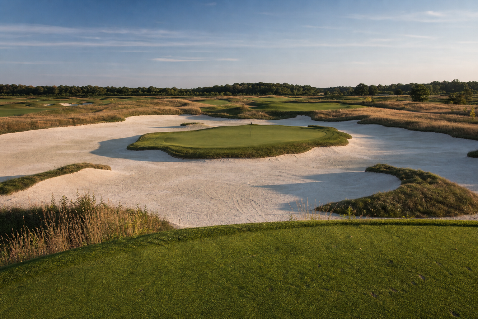 퍼거토리 골프 클럽 노블스빌 17번홀 헬스 하프 에이커 아일랜드 그린 흰 석회암 벙커 Purgatory Golf Club Hell's Half Acre island green Noblesville Indiana
