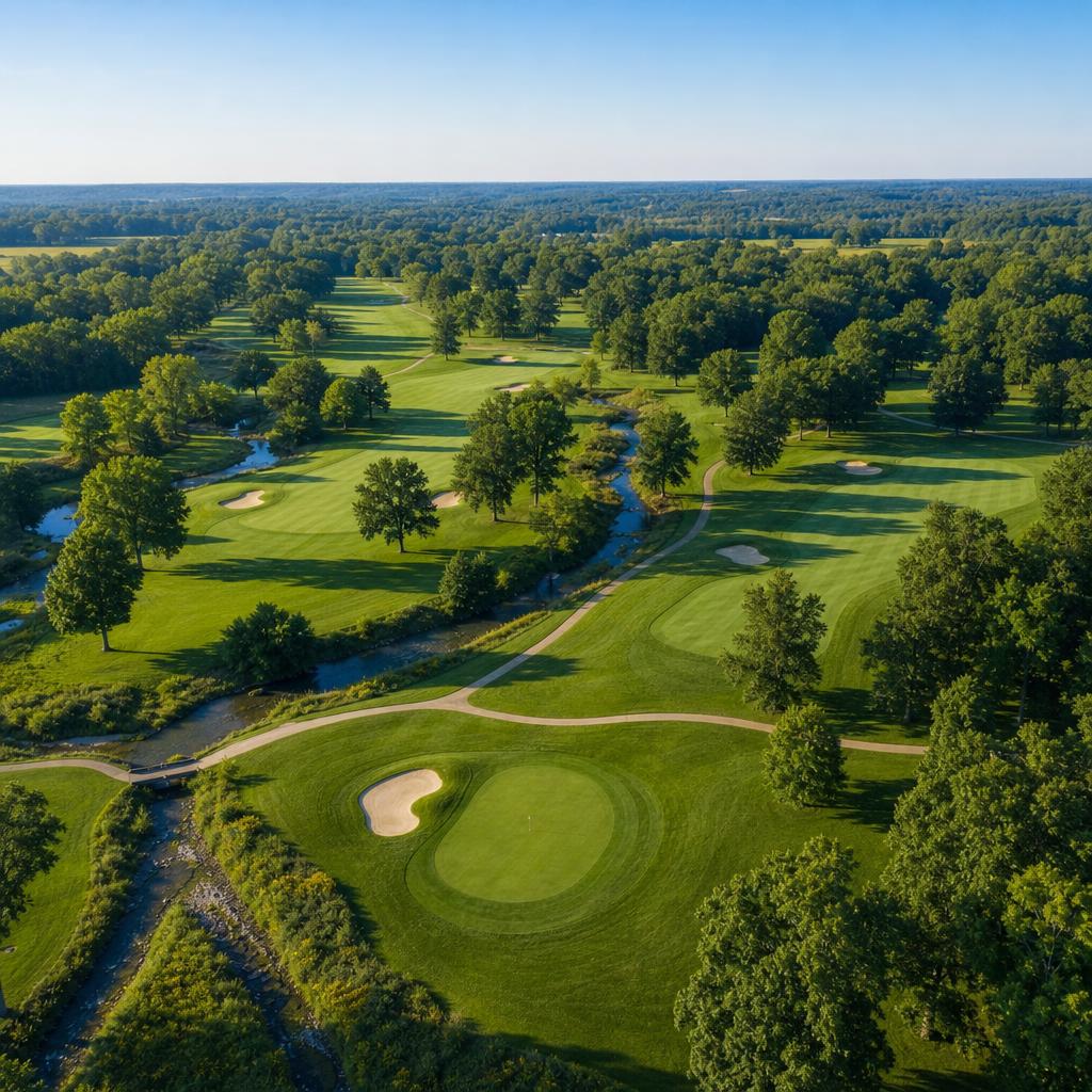 StonyCreek Golf Club 18홀 챔피언십 코스 항공 뷰 노블스빌 인디애나 parkland aerial