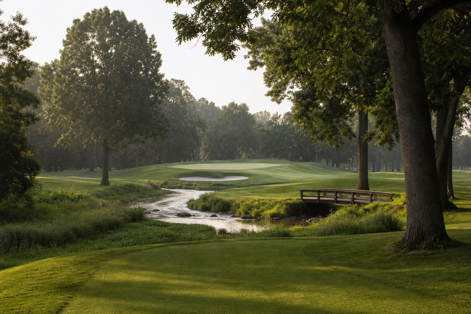 BrookShire 페어웨이에서 Cool Creek 너머 그린을 바라보는 한국 골퍼 시점 Carmel Indiana