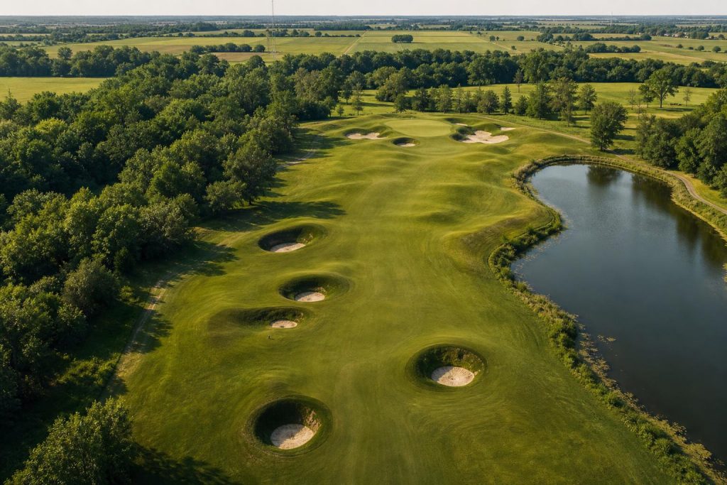 Crooked Stick 항공 뷰 Pete Dye 시그니처 포트 벙커 페어웨이 인디애나 카멜