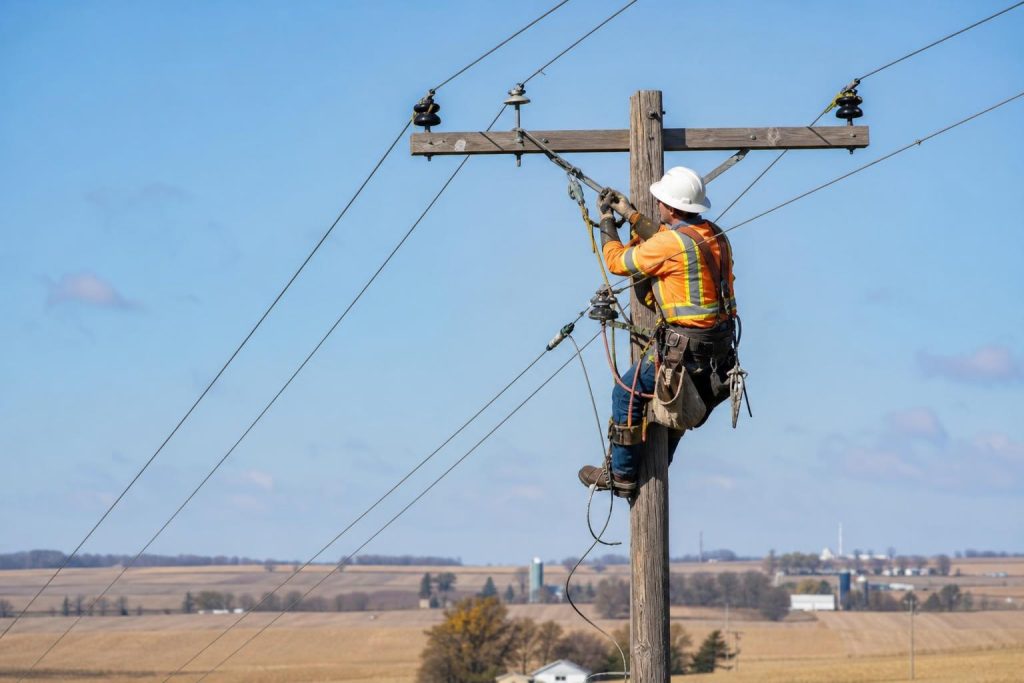 NIPSCO 라인워커 작업 인디애나 북부 utility worker on power pole northern Indiana