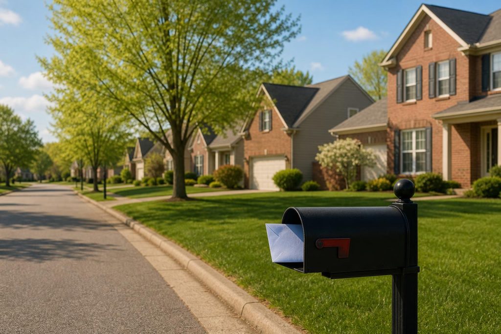 인디애나 교외 주택 거리 우편함 봄 부동산세 고지서 Indiana suburban property tax bill mailbox