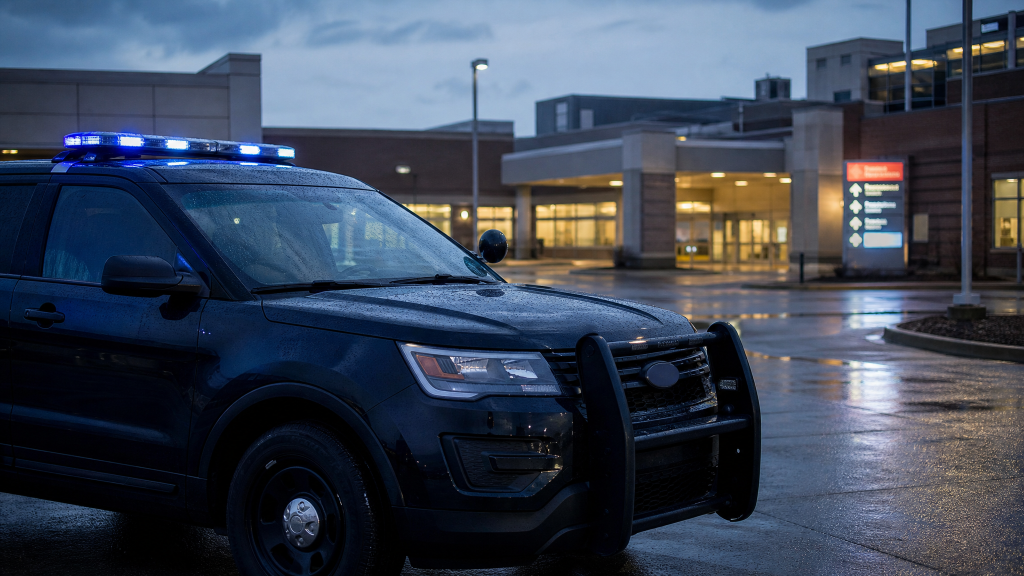 미시간 시티 병원 응급실 입구에 정차한 보안관 순찰 차량 LaPorte County Sheriff patrol vehicle at Franciscan Health Michigan City emergency department