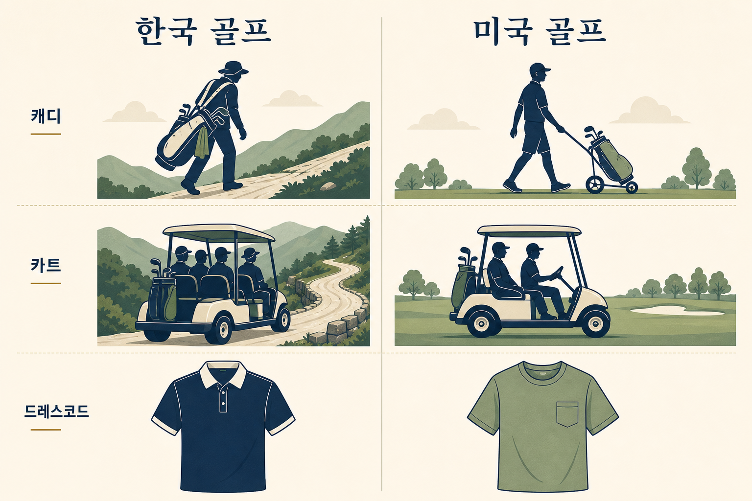 한국 vs 미국 골프 환경 비교 캐디 카트 부킹 그린피 트와일라잇 인포그래픽