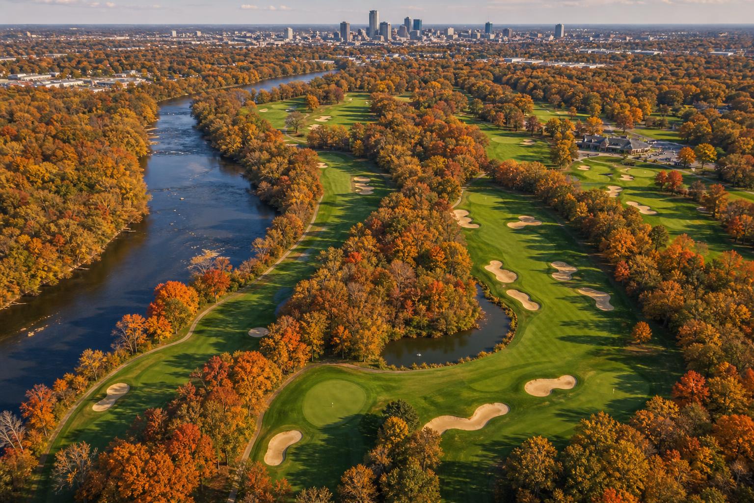 Coffin Golf Club 항공 뷰 White River 페어웨이 가을 인디애나폴리스 다운타운 근접 Coffin Golf Club aerial Indianapolis