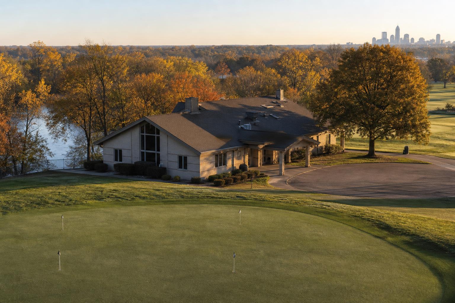 Coffin Golf Club 클럽하우스 시영 매거진 인디애나폴리스 가을 아침 mist Coffin clubhouse Indianapolis Indiana