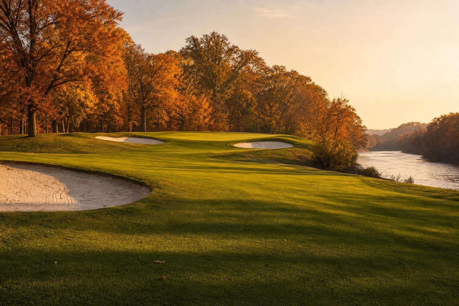 Coffin Golf Club White River 페어웨이 인디애나폴리스 시영 가을 광경 Coffin Golf Club Indianapolis Indiana