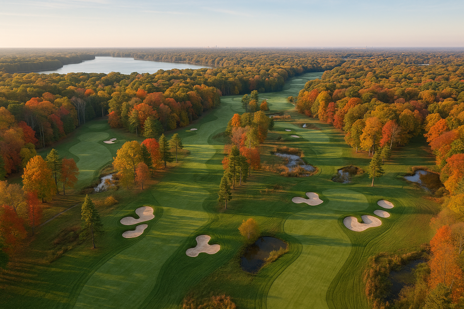Eagle Creek Golf Club 항공 뷰 36홀 Pines Sycamore 가을 페어웨이 인디애나폴리스 Eagle Creek Park aerial Indiana