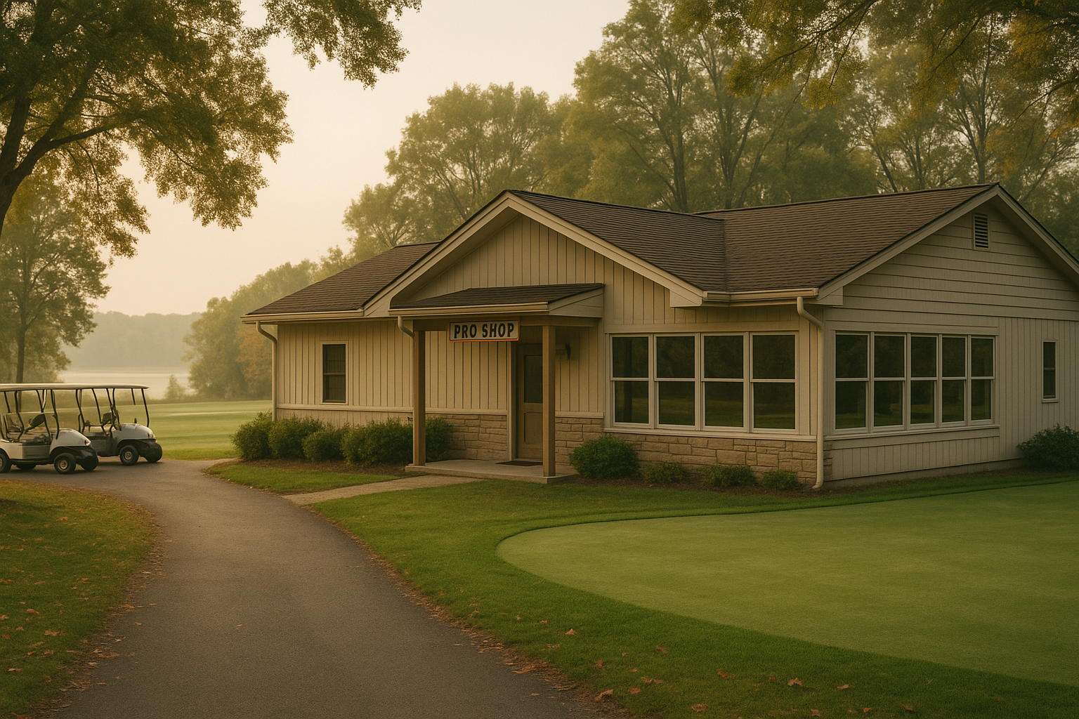 Eagle Creek Golf Club 클럽하우스 프로숍 시영 매거진 인디애나폴리스 가을 아침 mist Eagle Creek clubhouse Indianapolis Indiana