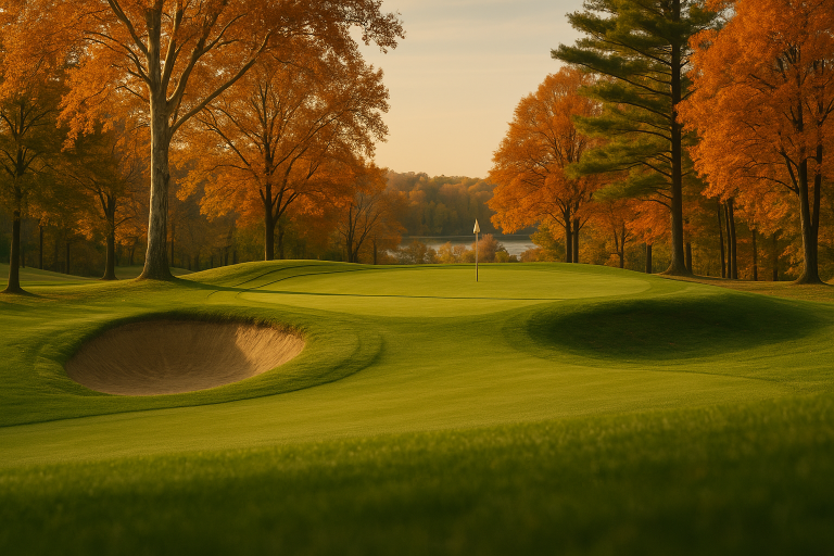 Eagle Creek Golf Club Pete Dye 시그니처 그린 페어웨이 인디애나폴리스 시영 가을 광경 Eagle Creek Golf Club Indianapolis Indiana