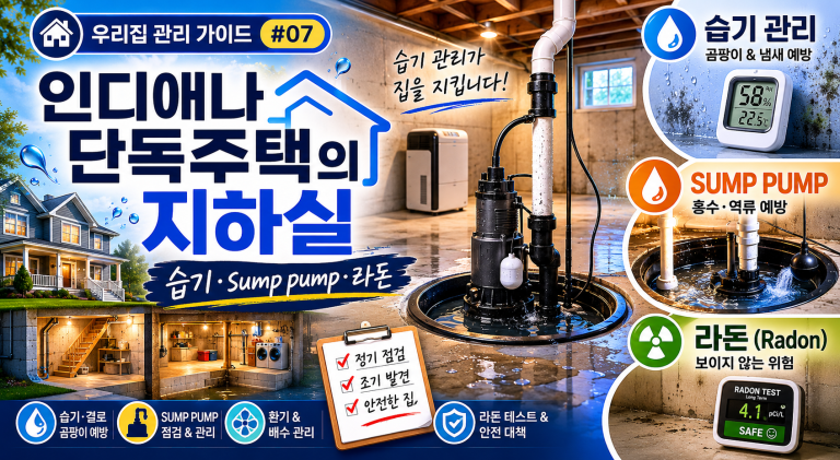 인디애나 단독주택 지하실 습기 sump pump 라돈