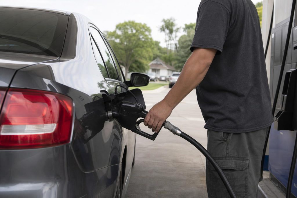 인디애나 주유소에서 주유기를 사용하는 모습 — 가스세 면제 정책 발표 배경 (Indianapolis gas station fueling scene, Indiana gas tax suspension policy backdrop)