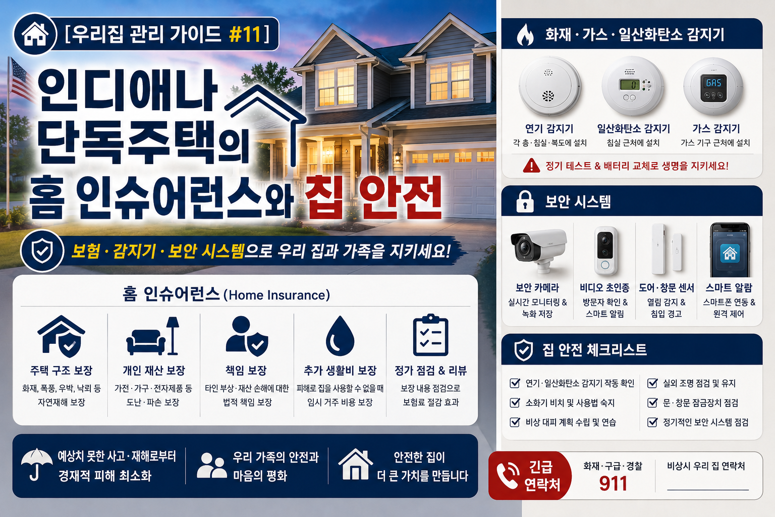인디애나 단독주택 홈 인슈어런스와 집 안전 감지기 보안