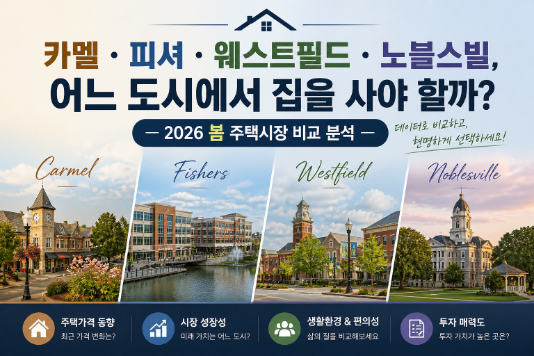 카멜 · 피셔 · 웨스트필드 · 노블스빌, 어느 도시에서 집을 사야 할까? — 2026 봄 주택시장 비교 분석