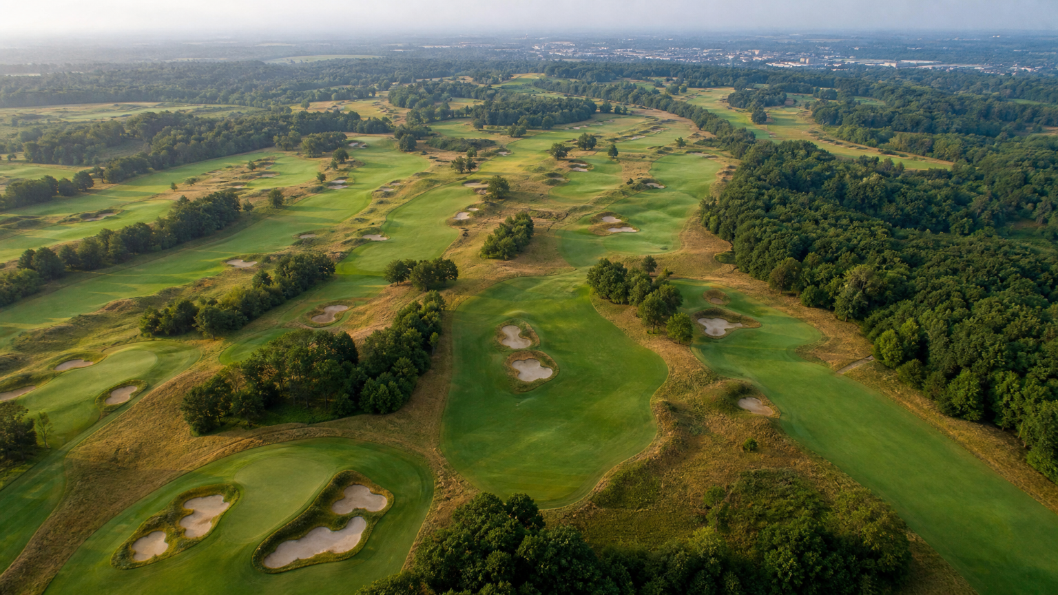 파우 코스 항공 뷰 265에이커 zoysia 페어웨이 147 bunkers fescue rough Bloomington Pfau Course aerial Indiana University