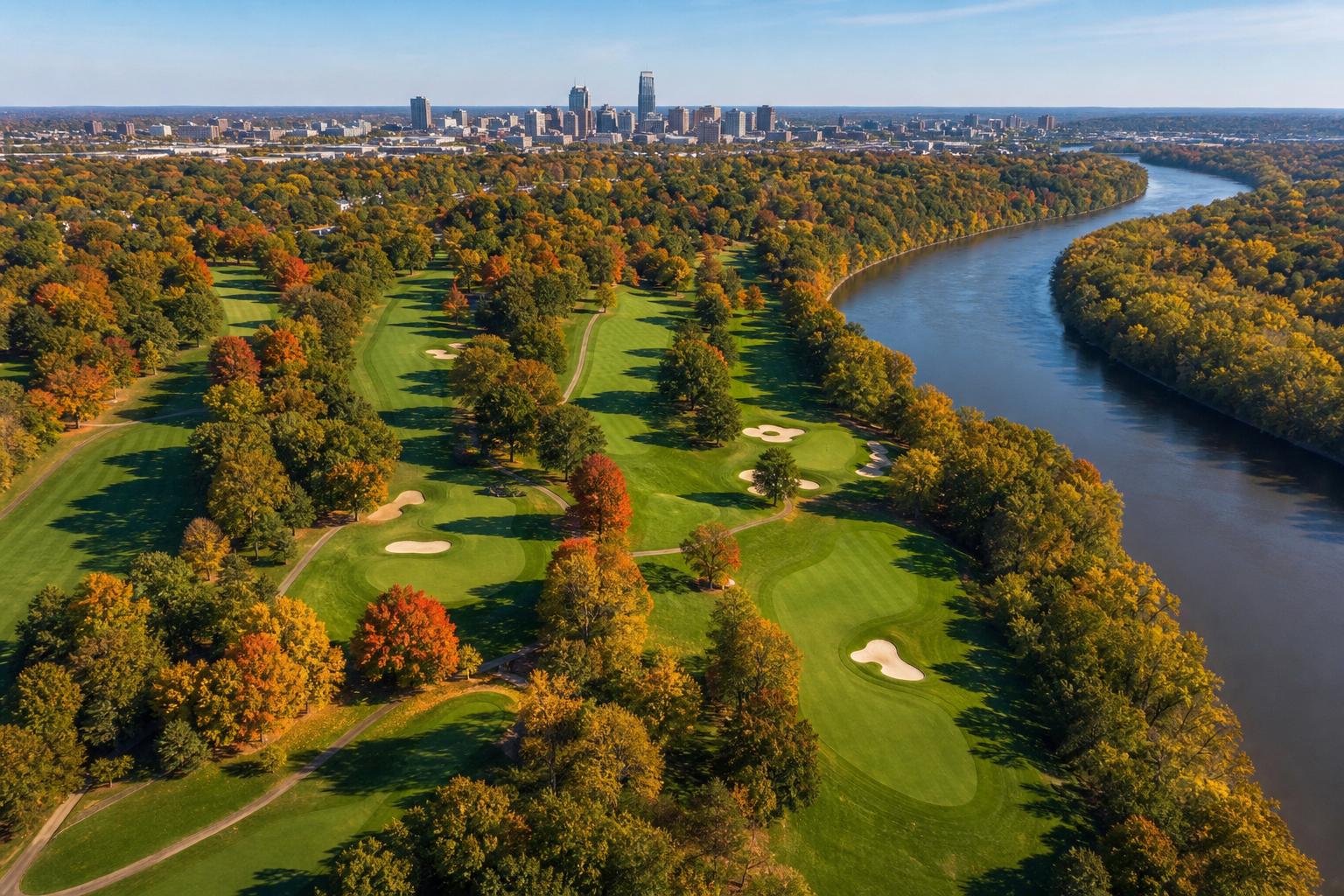 South Grove 항공 뷰 White River 강변 인디애나폴리스 다운타운 스카이라인 가을 시영 18홀 South Grove aerial Indianapolis Indiana