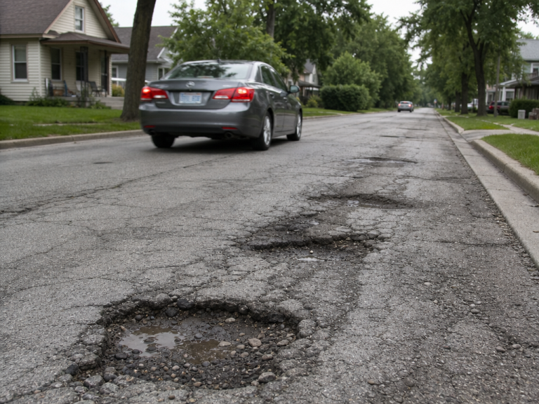인디애나폴리스 주택가 도로의 포트홀 (pothole on an Indianapolis residential street)