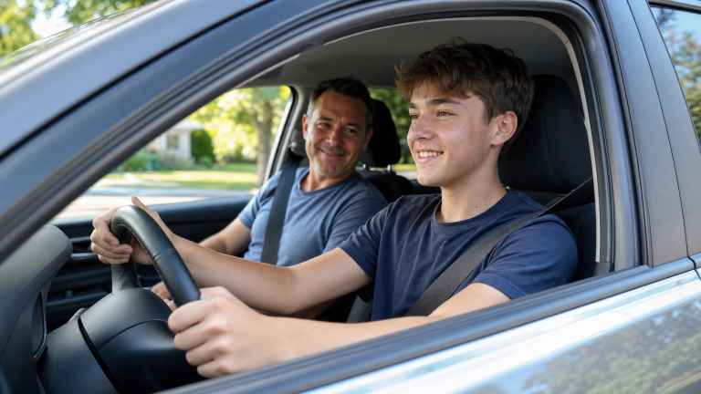 운전석에 앉아 운전대를 잡고 미소 짓는 인디애나 16세 청소년과 조수석의 부모 (Indiana teen driver license age 16)