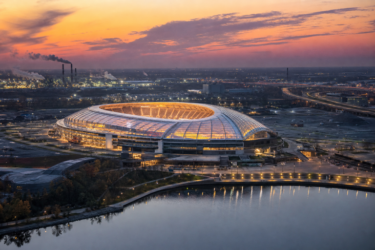 노스웨스트 인디애나 호숫가에 들어설 돔형 미식축구 경기장 조감도 (Northwest Indiana lakeside domed NFL stadium concept at dusk)