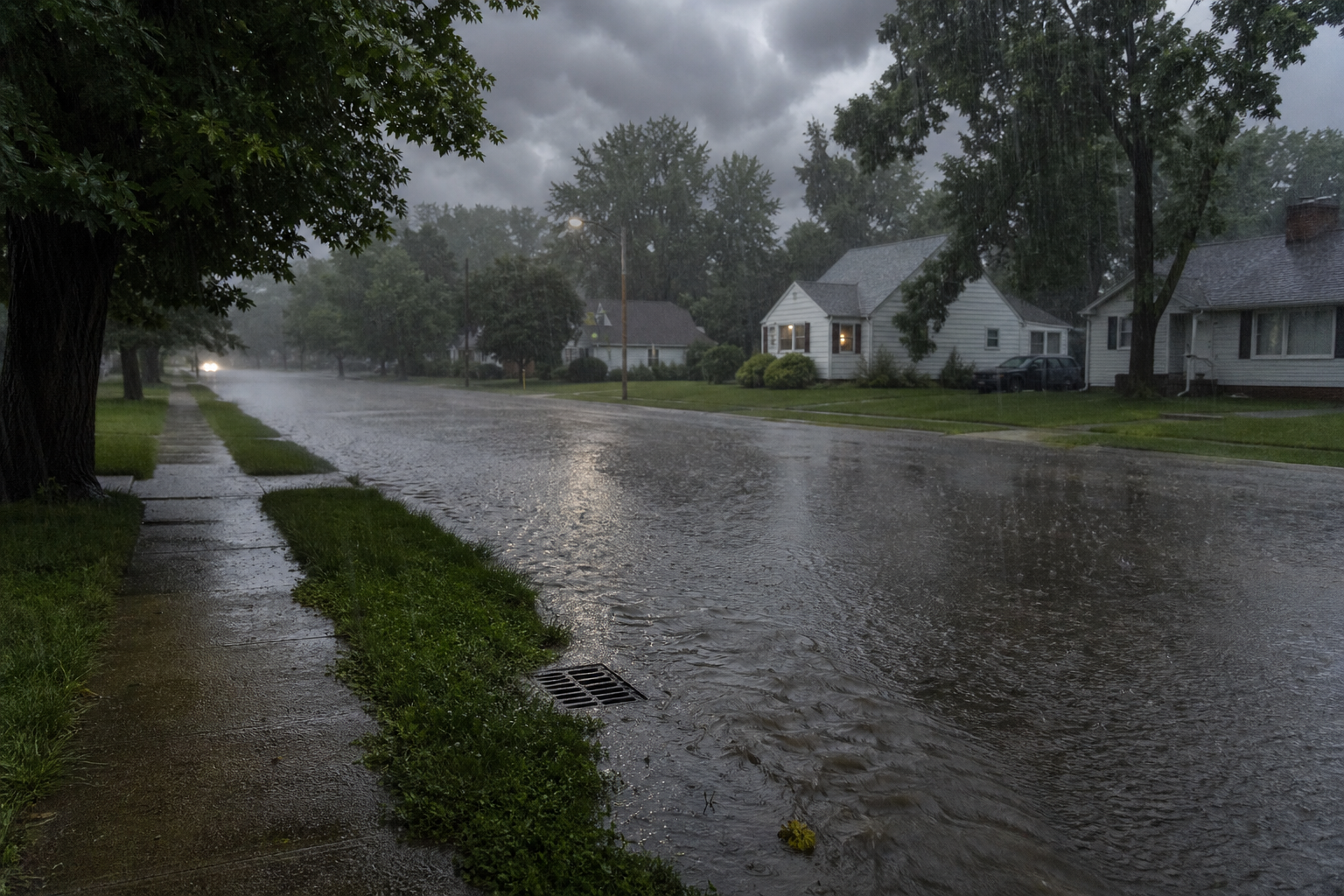 인디애나 중부 폭우로 침수된 주택가 도로 / flooded residential street in central Indiana during heavy summer thunderstorms