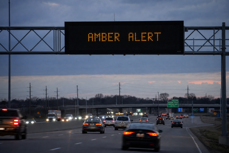 인디애나주 고속도로 위에 설치된 전광판에 앰버 경보(AMBER ALERT)가 표시된 모습