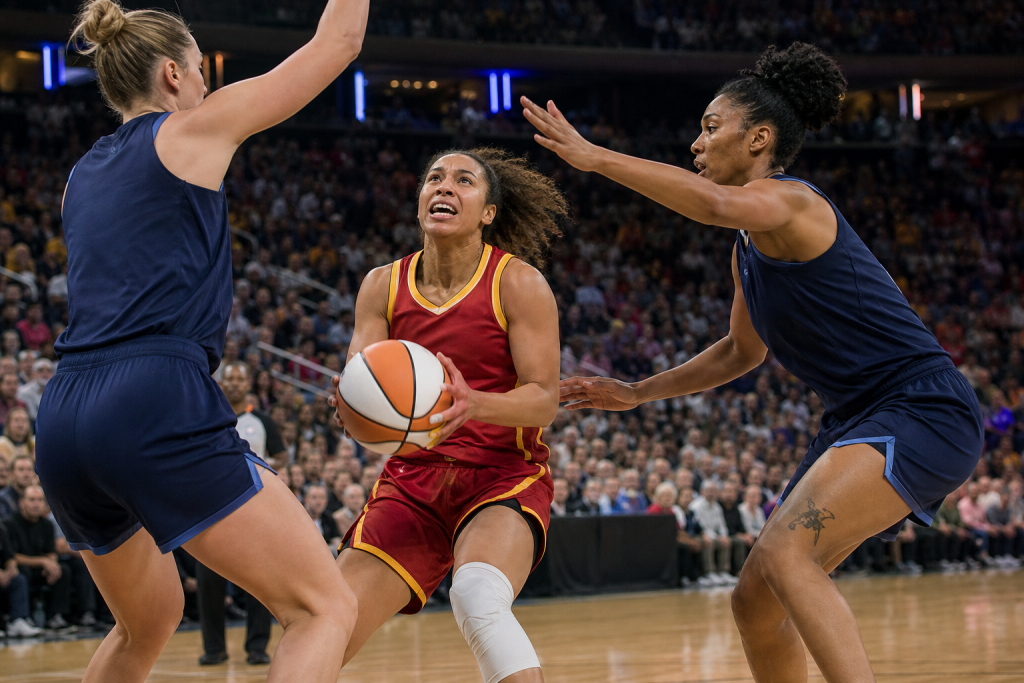 인디애나 피버 선수가 코네티컷 선 원정 경기에서 돌파를 시도하는 모습 (WNBA women's basketball drive to the basket)