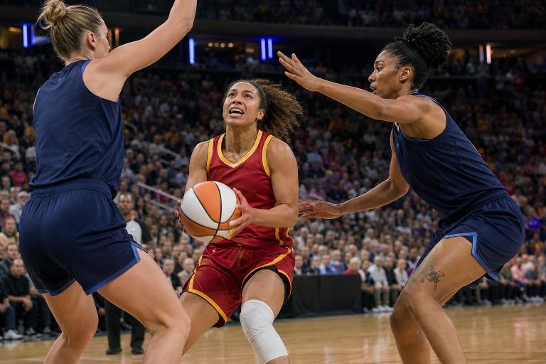 인디애나 피버 선수가 코네티컷 선 원정 경기에서 돌파를 시도하는 모습 (WNBA women's basketball drive to the basket)