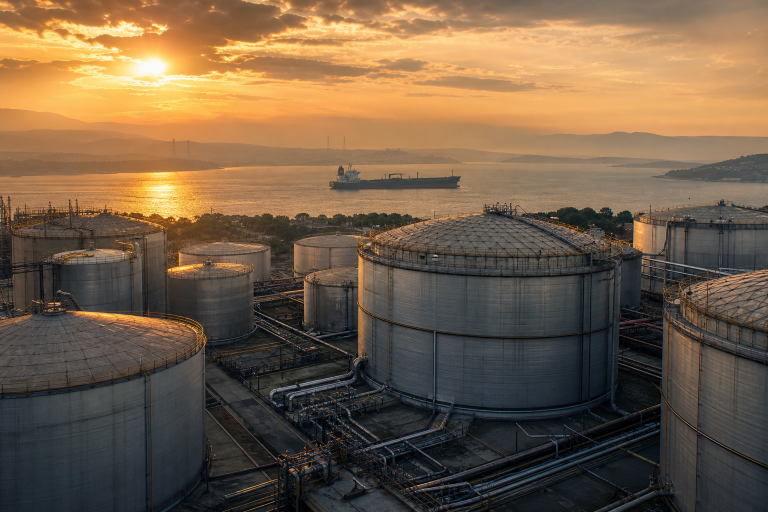석양이 진 원유 저장 탱크 단지와 해협을 지나는 유조선 (crude oil storage tanks and tanker)