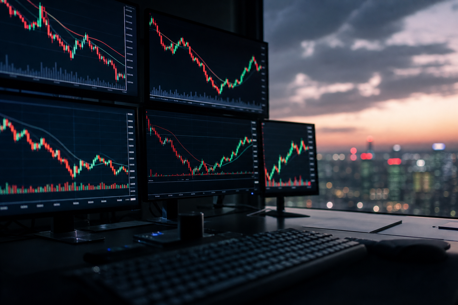 외환시장 트레이딩 데스크 모니터의 환율 차트 (foreign exchange trading desk screens, US dollar index)
