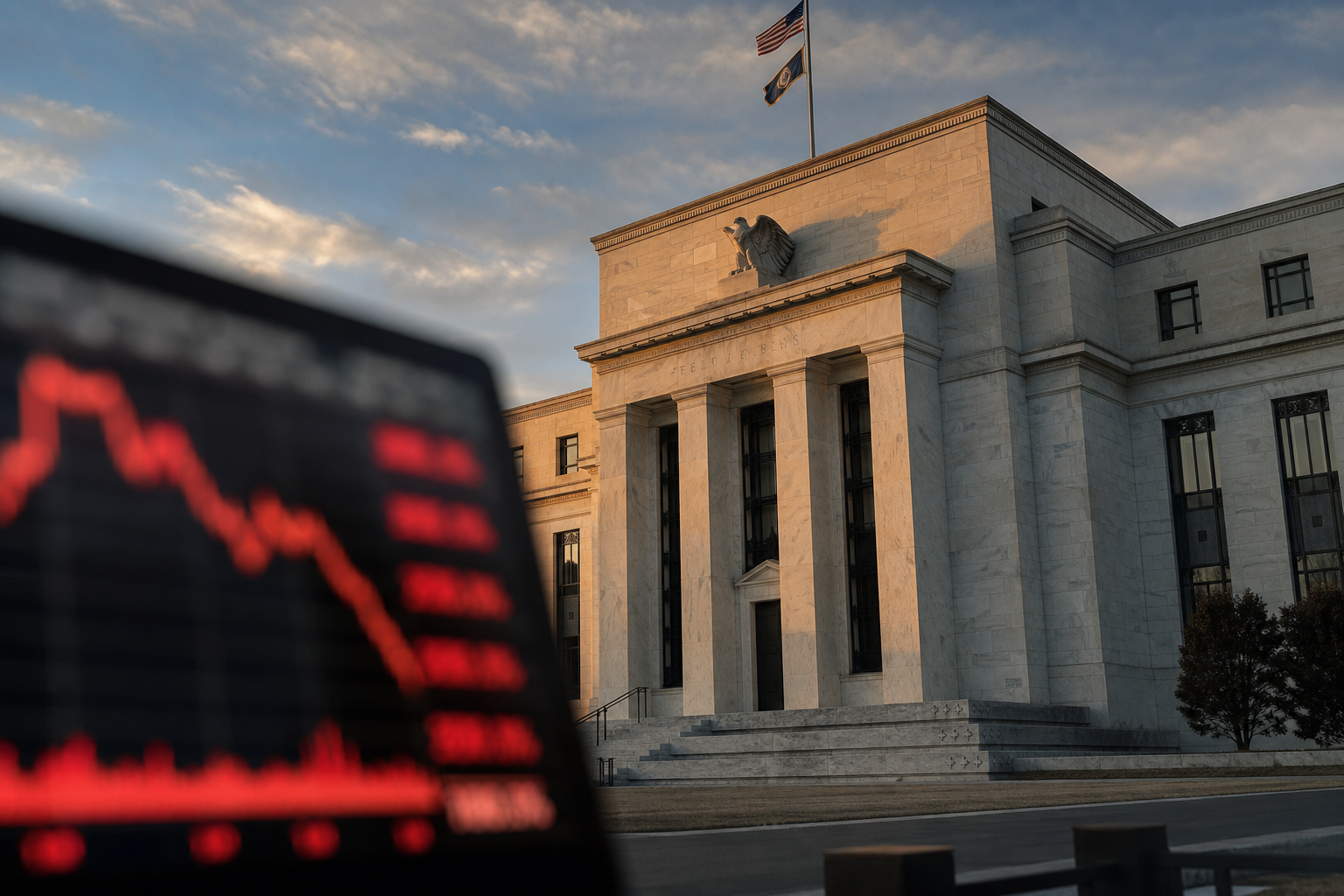 미국 연방준비제도 건물과 하락하는 증시 차트 Federal Reserve rate hike 콘셉트 이미지