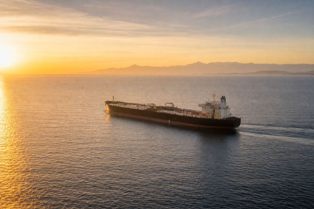 원유를 실은 유조선이 새벽 바다를 항해하는 모습. crude oil tanker at sea, US-Iran deal, Strait of Hormuz reopening, oil prices, gasoline