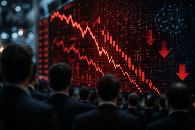 붉은색으로 급락하는 주식 시세 전광판과 하락 화살표를 바라보는 정장 차림 사람들의 실루엣. Accenture stock plunge, AI disruption of IT consulting, falling stock chart, economy news