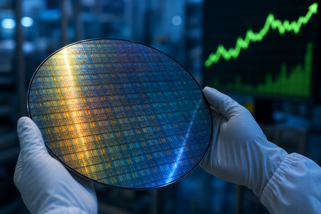 실리콘 반도체 웨이퍼와 상승하는 주식 차트 (Intel semiconductor wafer and rising stock chart)