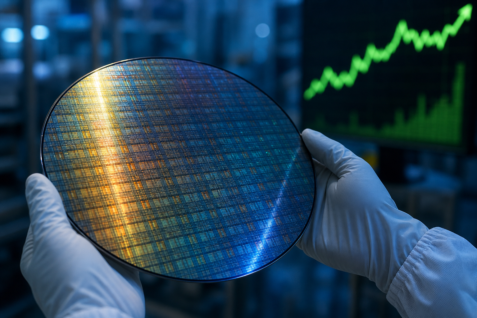 실리콘 반도체 웨이퍼와 상승하는 주식 차트 (Intel semiconductor wafer and rising stock chart)