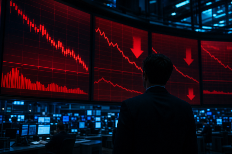 전광판이 붉게 물든 증권거래소와 급락하는 주가 차트 AI chip selloff KOSPI crash 콘셉트 이미지