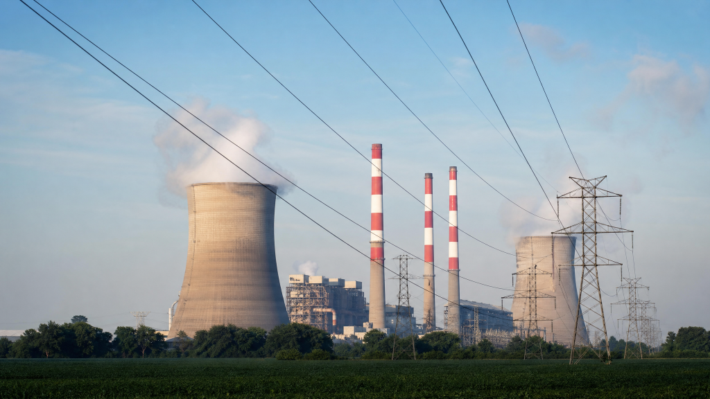 인디애나 석탄화력발전소 냉각탑과 송전탑 Indiana coal-fired power plant cooling towers and transmission lines