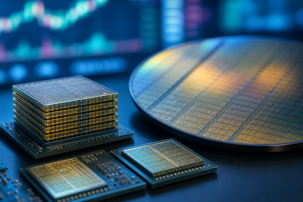 쌓아 올린 HBM 메모리 반도체 칩과 실리콘 웨이퍼, 뒤로 주식 시세 그래프가 보이는 SK Hynix Micron memory 콘셉트 이미지