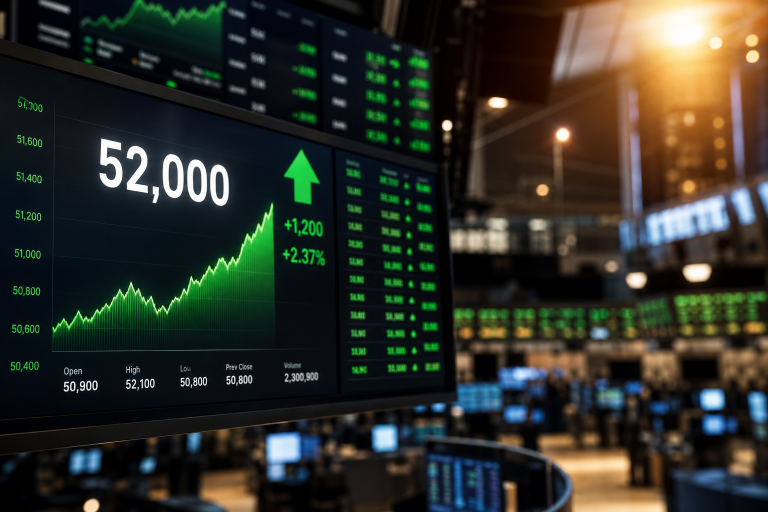 증권거래소 전광판에 다우지수 52,000 돌파를 알리는 상승 그래프 stock exchange trading board Dow 52000