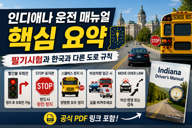 인디애나 운전 매뉴얼 핵심 요약 — 필기시험과 한국과 다른 도로 규칙 (공식 PDF 링크)