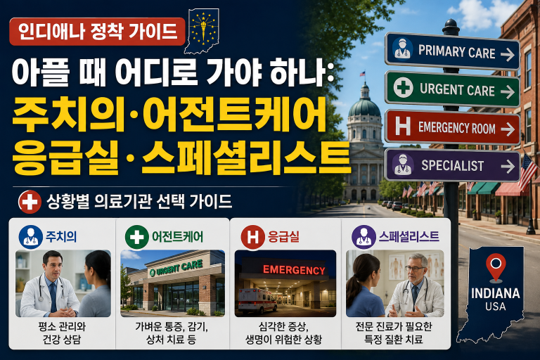 인디애나 정착 가이드 — 아플 때 어디로 가야 하나: 주치의·어전트케어·응급실·스페셜리스트