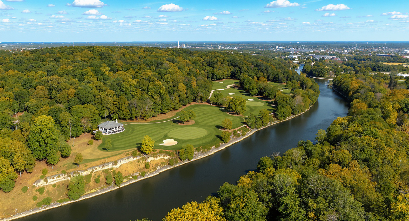 Bluff Creek Golf Course 항공 뷰 화이트강변 고저 변화 그린우드 인디애나 Bluff Creek Golf Course aerial view White River Greenwood Indiana