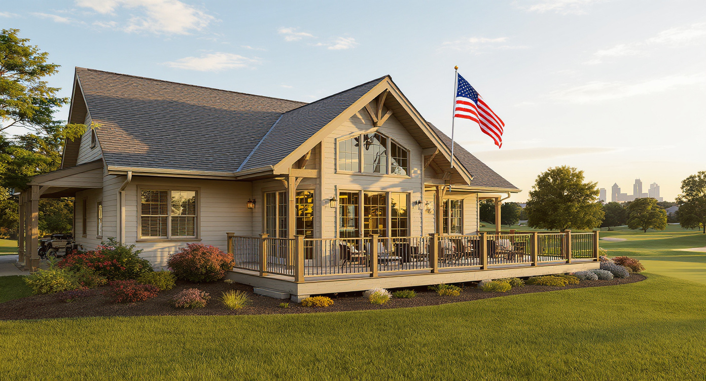 Bluff Creek Golf Course 클럽하우스 파노라마 데크 인디애나폴리스 스카이라인 그린우드 인디애나 Bluff Creek clubhouse panoramic deck Indianapolis skyline Greenwood Indiana