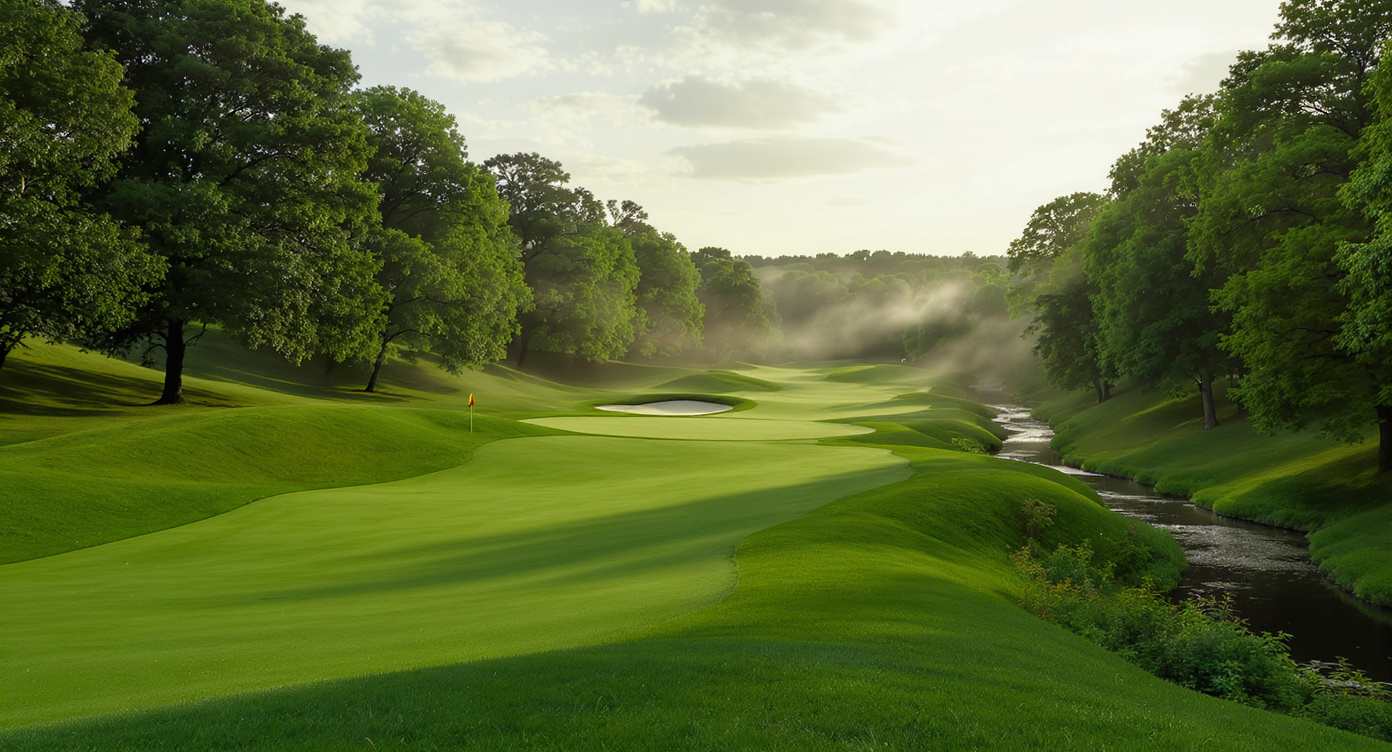 Bluff Creek Golf Course 페어웨이에서 고지 그린을 바라보는 한국 골퍼 시점 고저 변화 화이트강변 그린우드 인디애나 Bluff Creek fairway view elevated green Greenwood Indiana