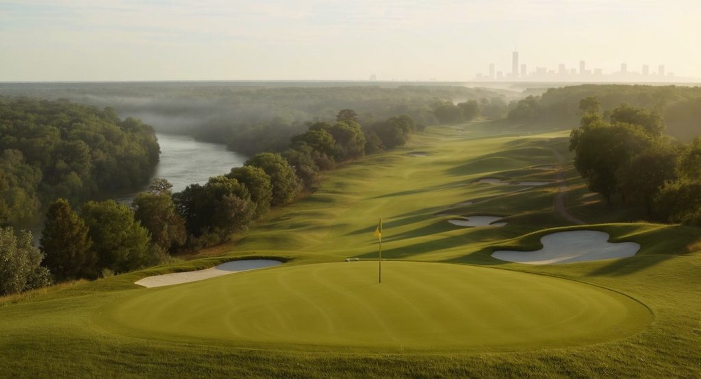 Bluff Creek Golf Course 고지 티박스에서 인디애나폴리스 스카이라인 조망 화이트강 그린우드 인디애나 Bluff Creek Golf Course Greenwood Indiana Indianapolis skyline view