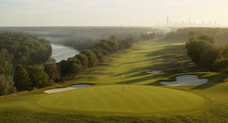 Bluff Creek Golf Course 고지 티박스에서 인디애나폴리스 스카이라인 조망 화이트강 그린우드 인디애나 Bluff Creek Golf Course Greenwood Indiana Indianapolis skyline view